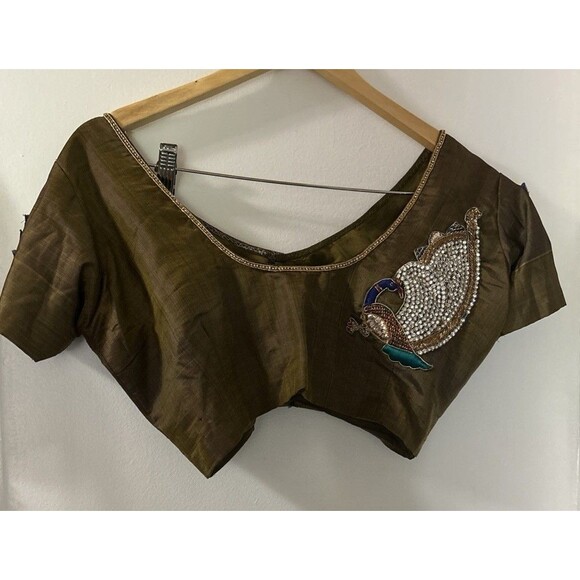 Indian Chanderi Olive Silk blouse Unbranded Embroidered Saree Stitched Sari/ M - Picture 1 of 14